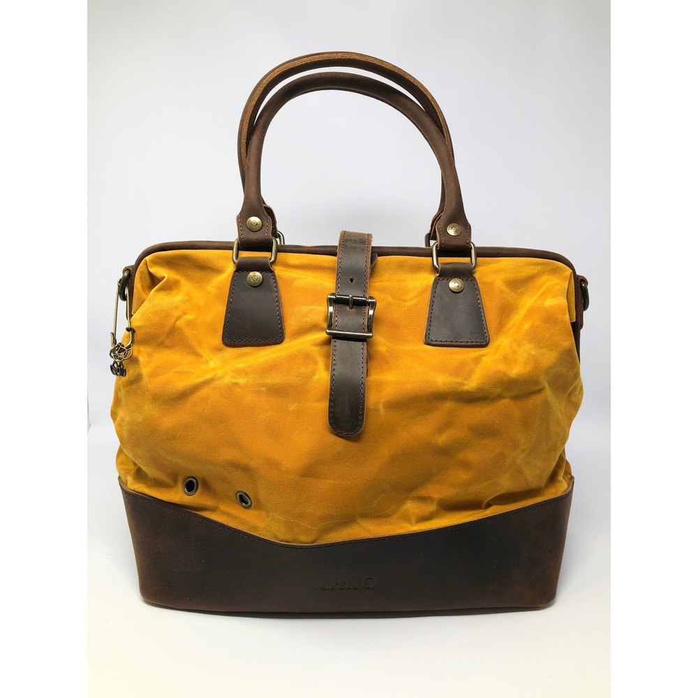 Della Q Makers Duffel Bag Yellow Canvas Brown Leather Handbag